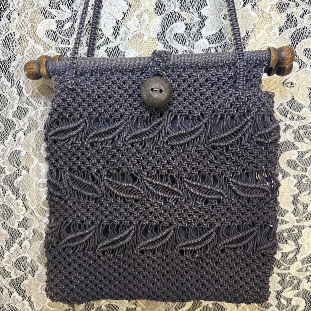 Dimensions vintage Black Crochet macrame Shoulder Bag wood euc 11”X11”